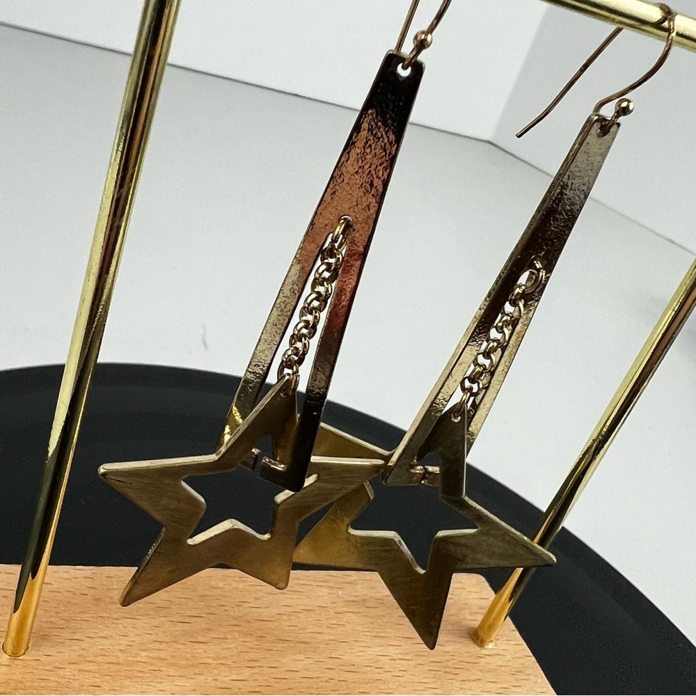 Brushed Gold Tone Star Drop Earrings